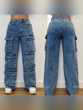 Sparkle Denim Cargo Wide-Leg Jeans - Blue Size LX